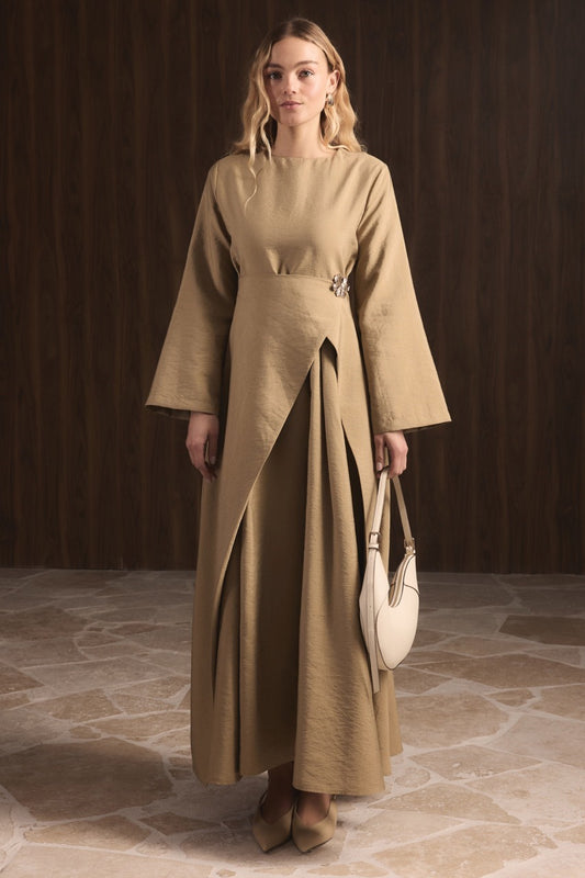 Front Brooch Detail Cupro Maxi Dress – Khaki