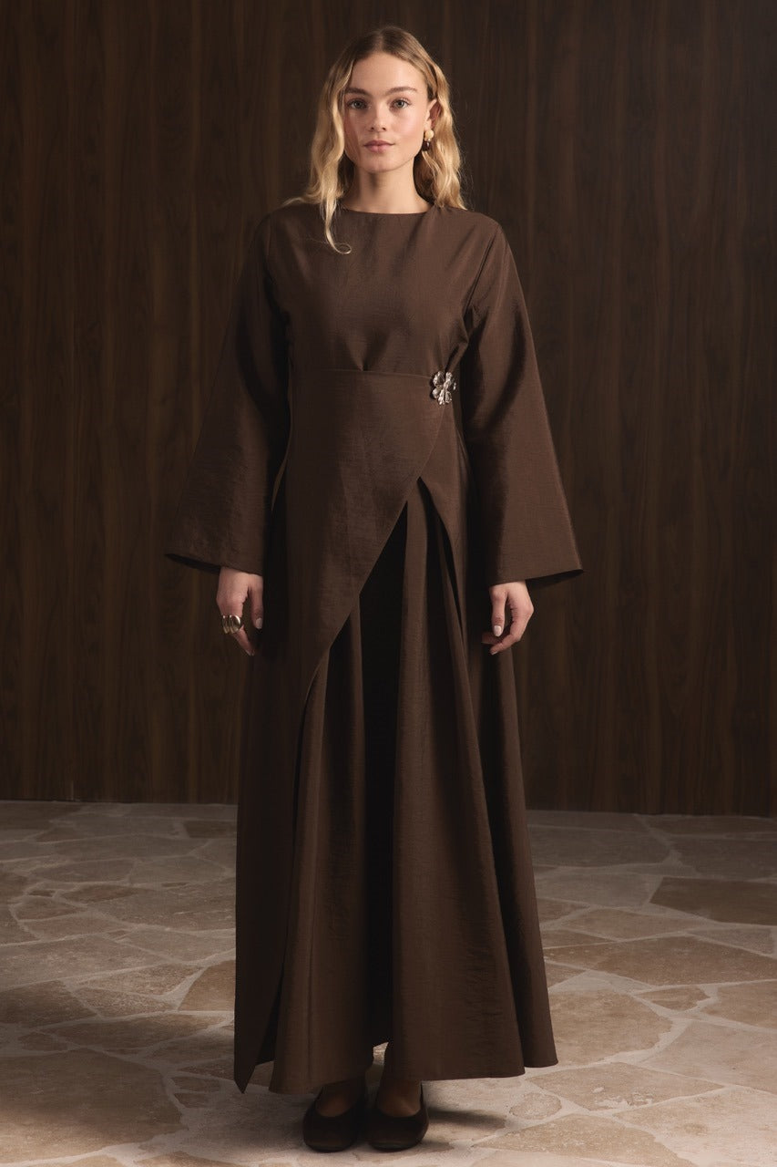 Front Brooch Detail Cupro Maxi Dress – Brown