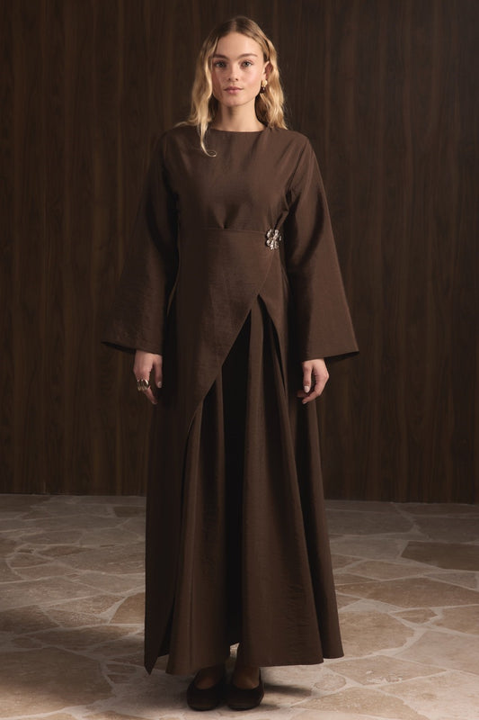Front Brooch Detail Cupro Maxi Dress – Brown
