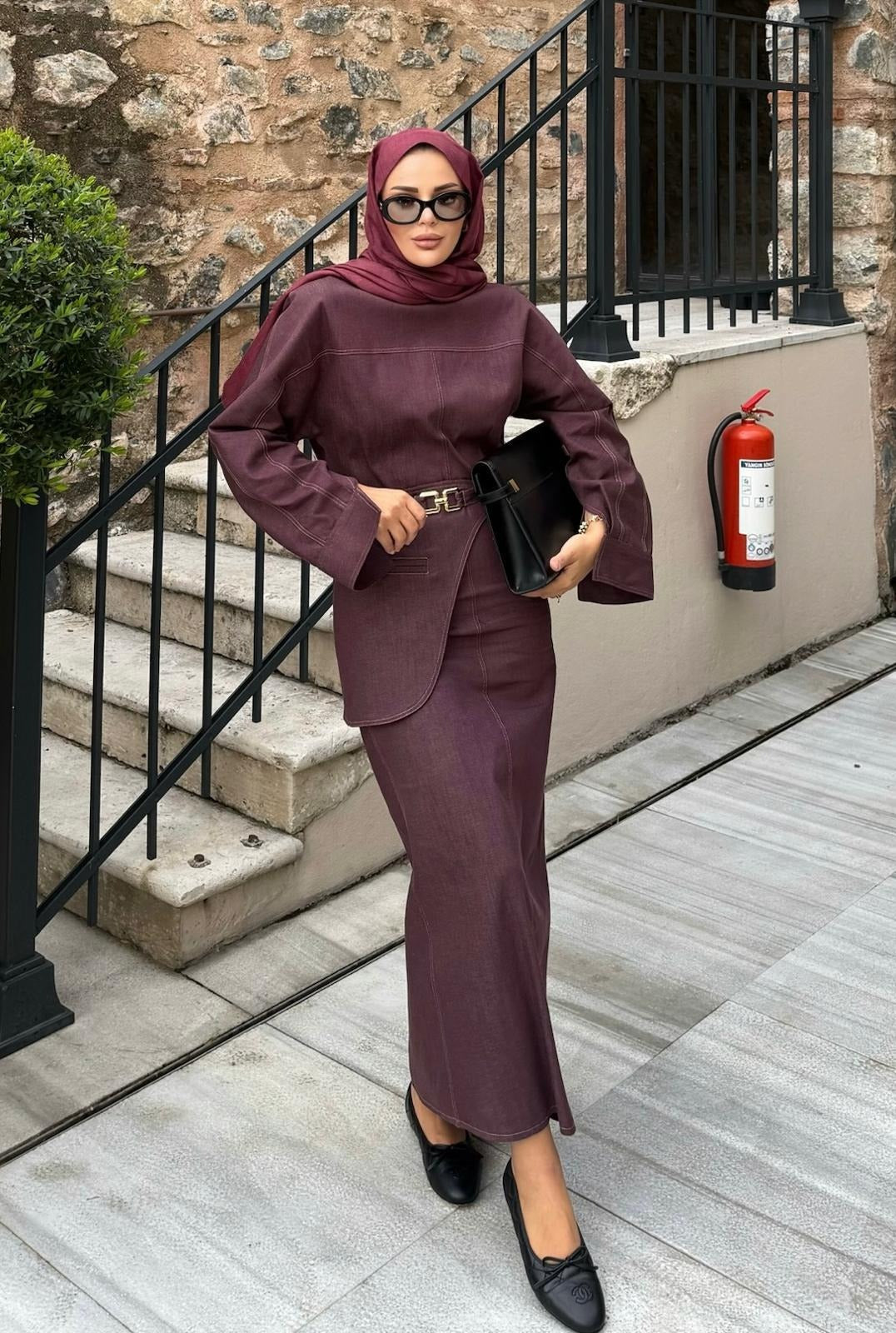 Belted Denim Dress – Burgundy