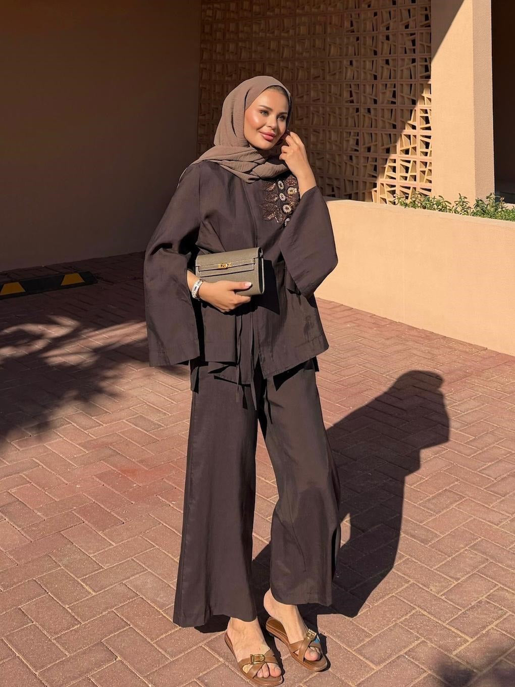 Embroidered Pants Set – Dark Brown