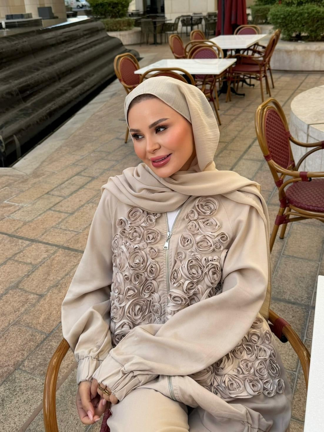 Rose Embellished Pants Set – Beige