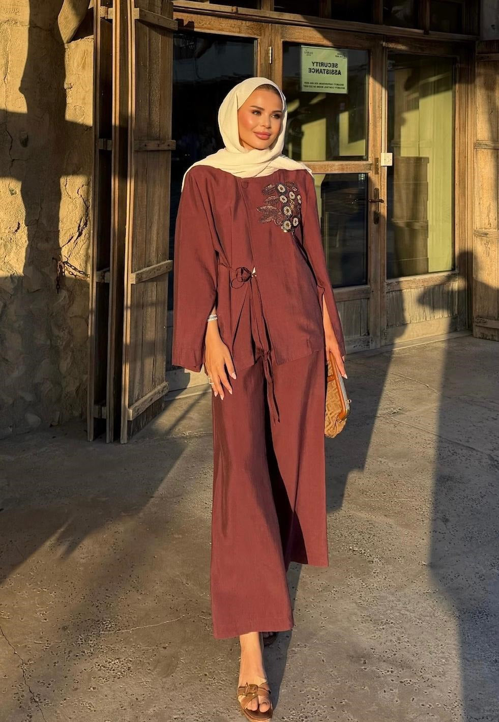 Embroidered Pants Set – Burgundy