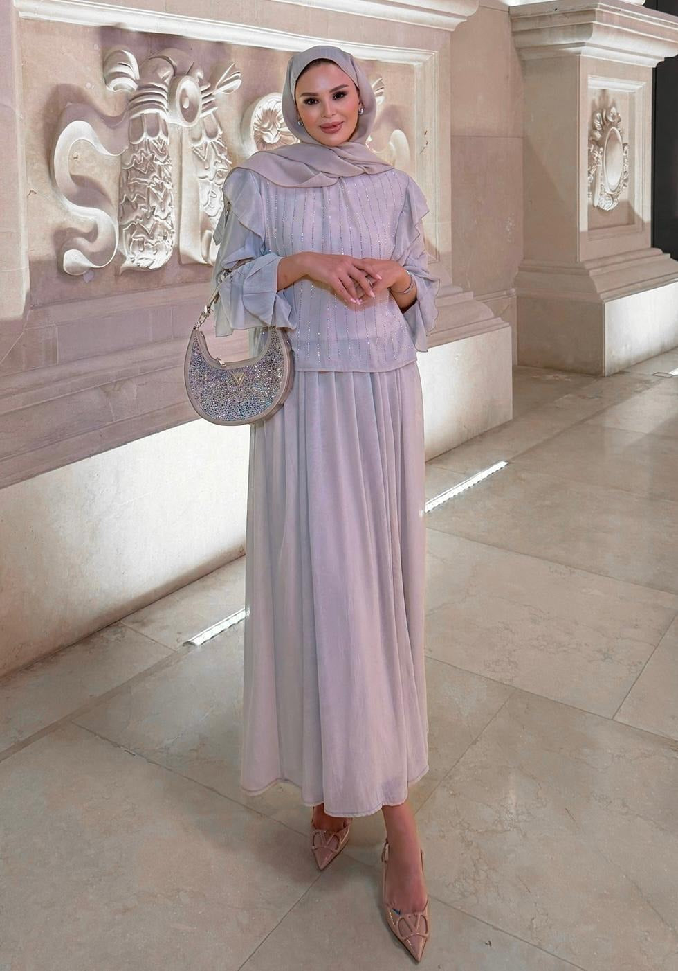 Mia Shimmer Skirt Set – Gray