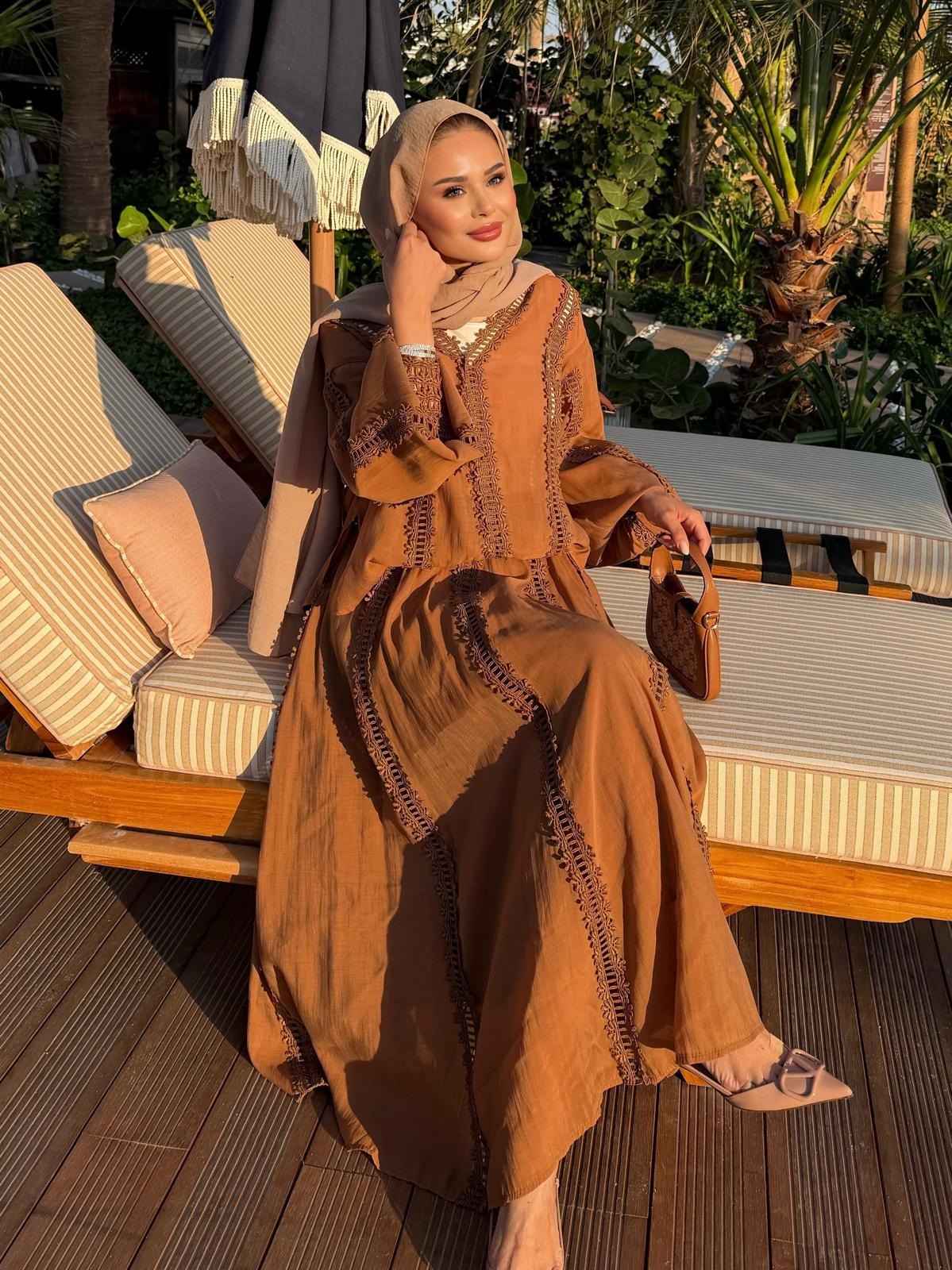 Lace Trim V-Neck Oversized Top & Flared Maxi Skirt Co-ord Set - Cinnamon