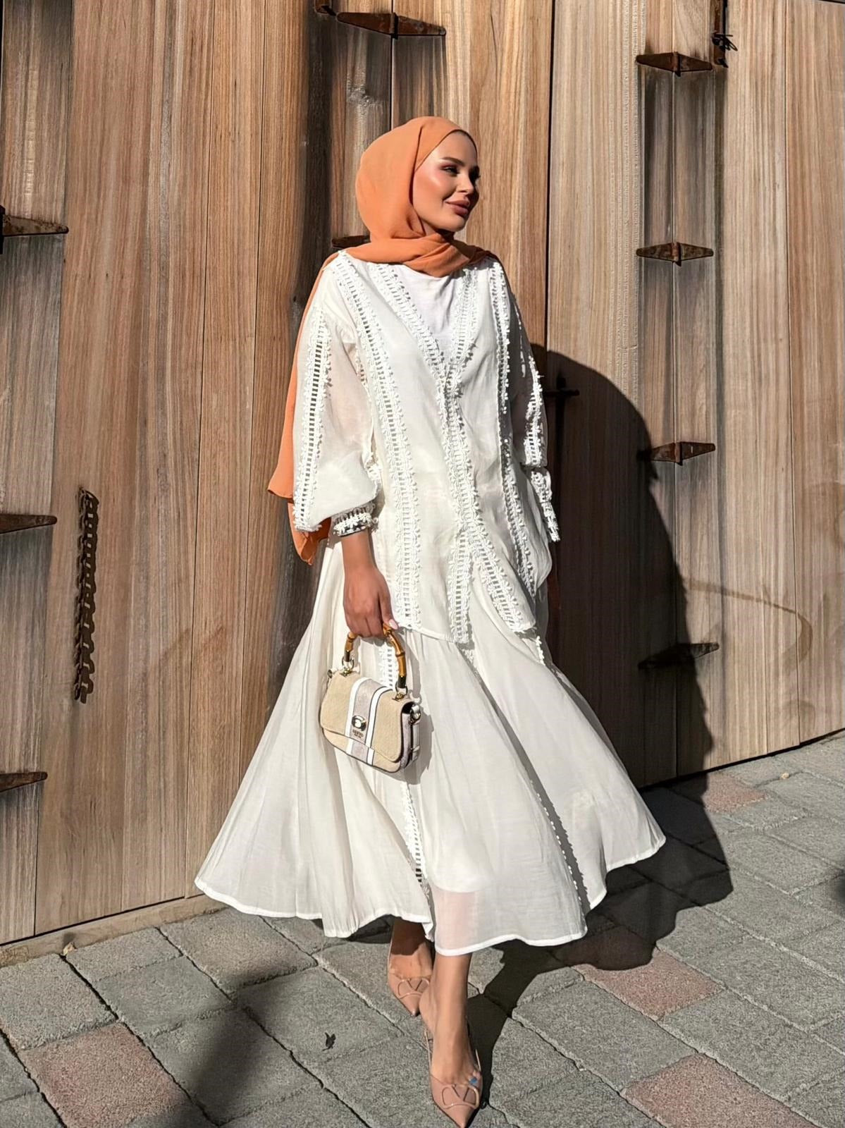 Lace Trim V-Neck Oversized Top & Flared Maxi Skirt Co-ord Set - Ecrou