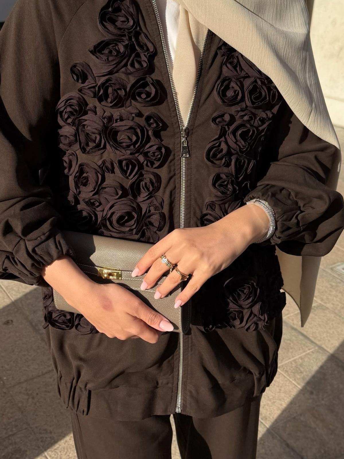 Rose Embellished Pants Set – Brown