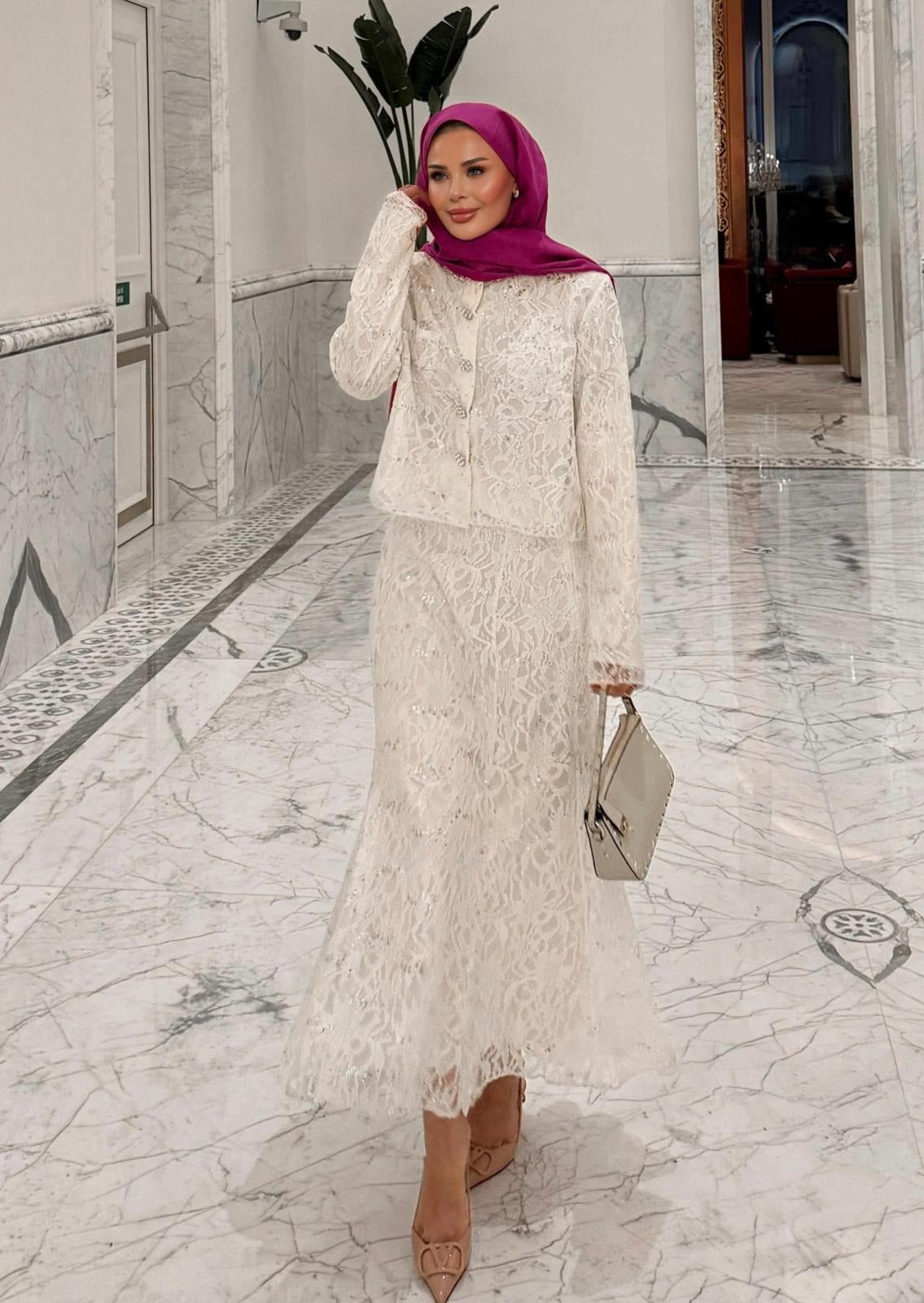 Lace Shimmer Skirt Set – Ecrou