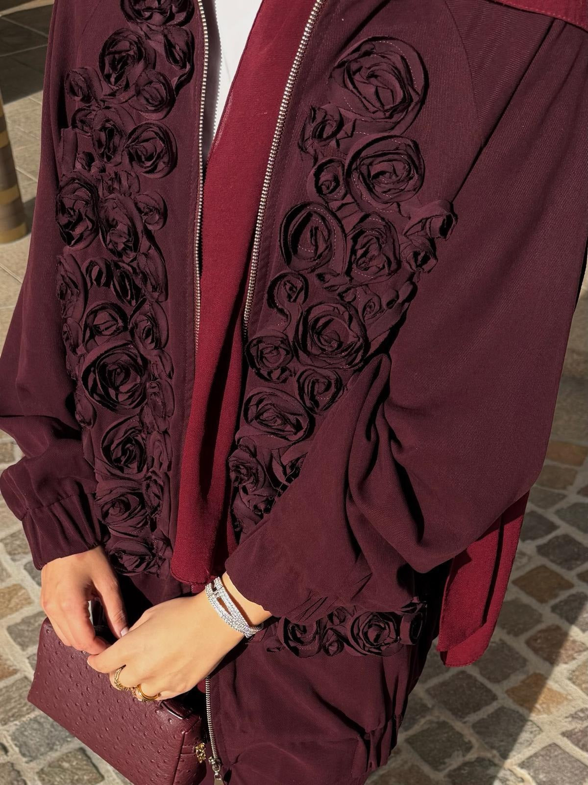 Rose Embellished Pants Set – Burgundy