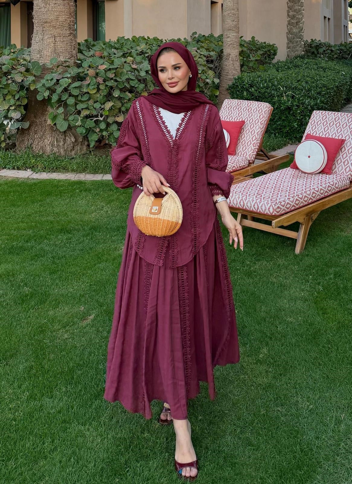 Lace Trim V-Neck Oversized Top & Flared Maxi Skirt Co-ord Set - Burgundy