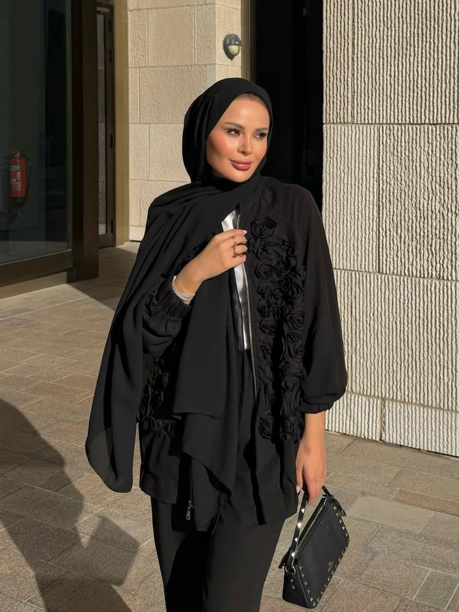 Rose Embellished Pants Set – Black