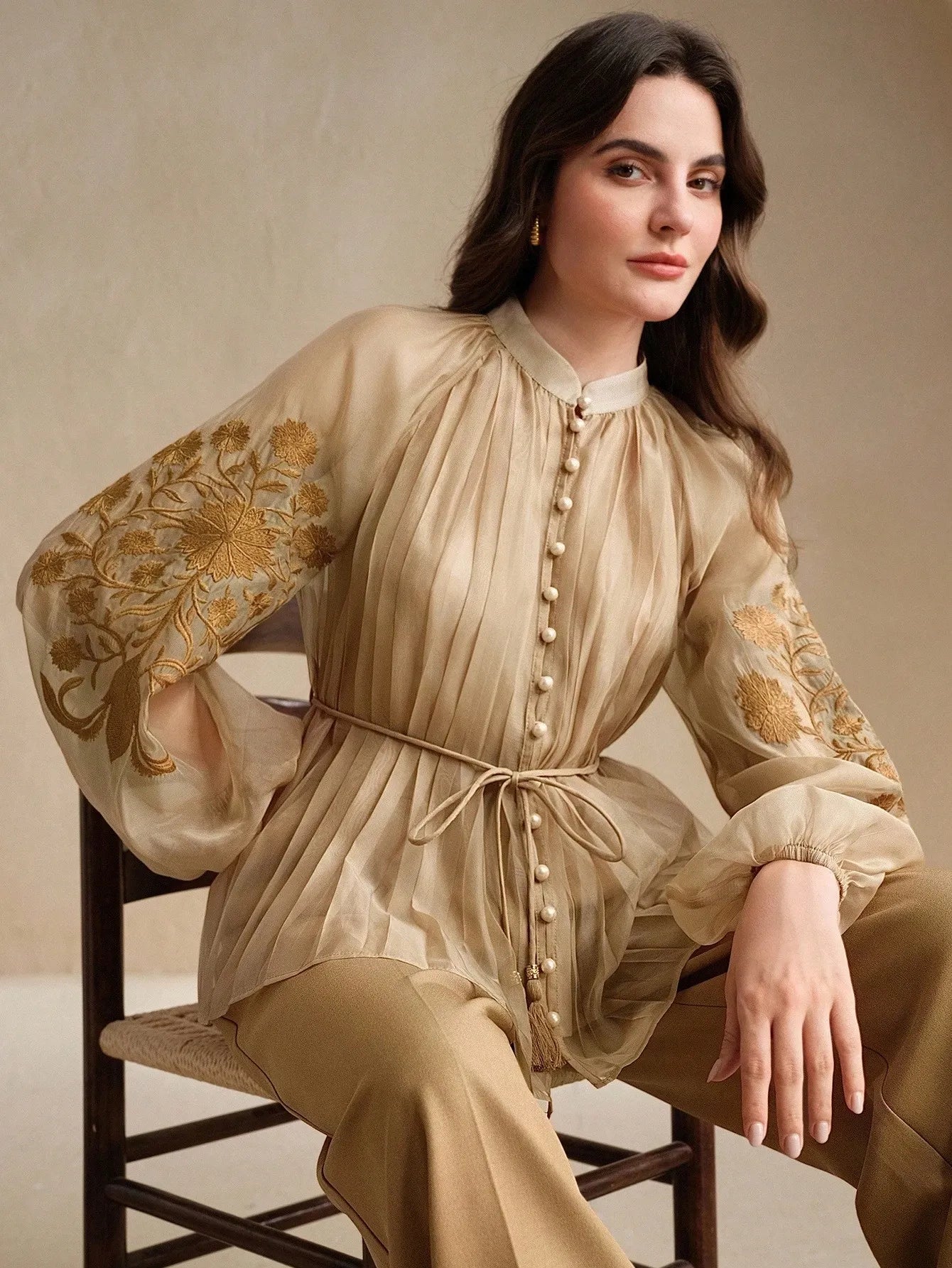 Pleated Embroidered Tie‑Waist Shirt