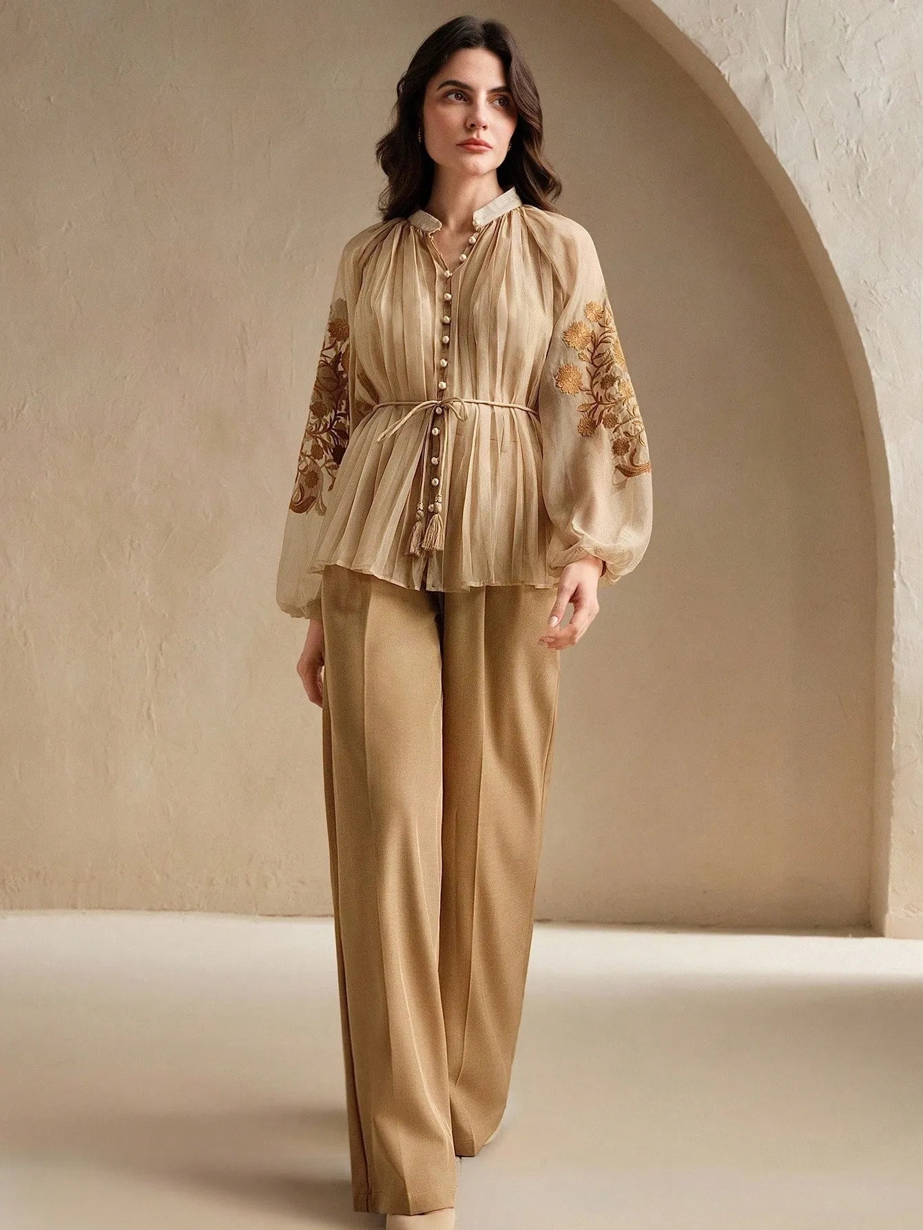 Pleated Embroidered Tie‑Waist Shirt