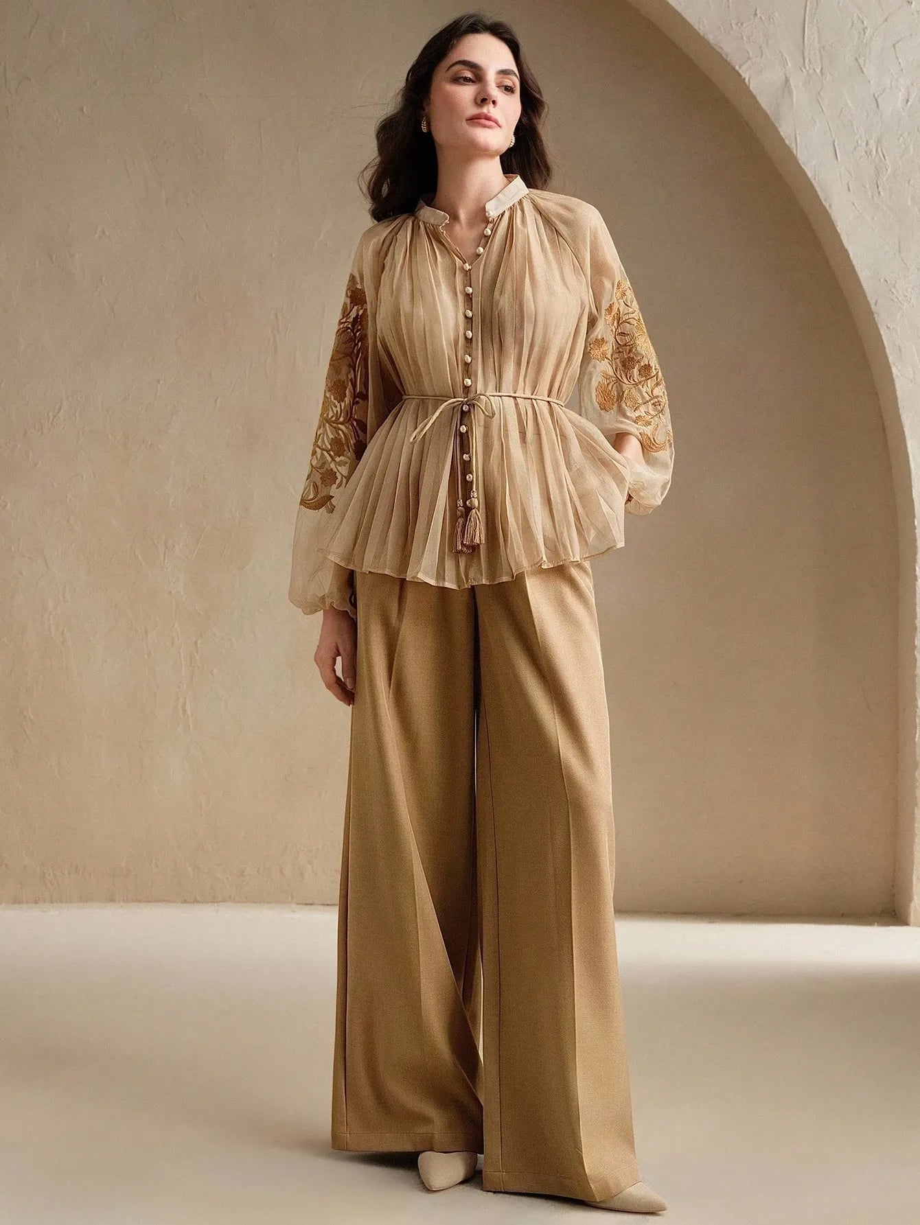 Pleated Embroidered Tie‑Waist Shirt