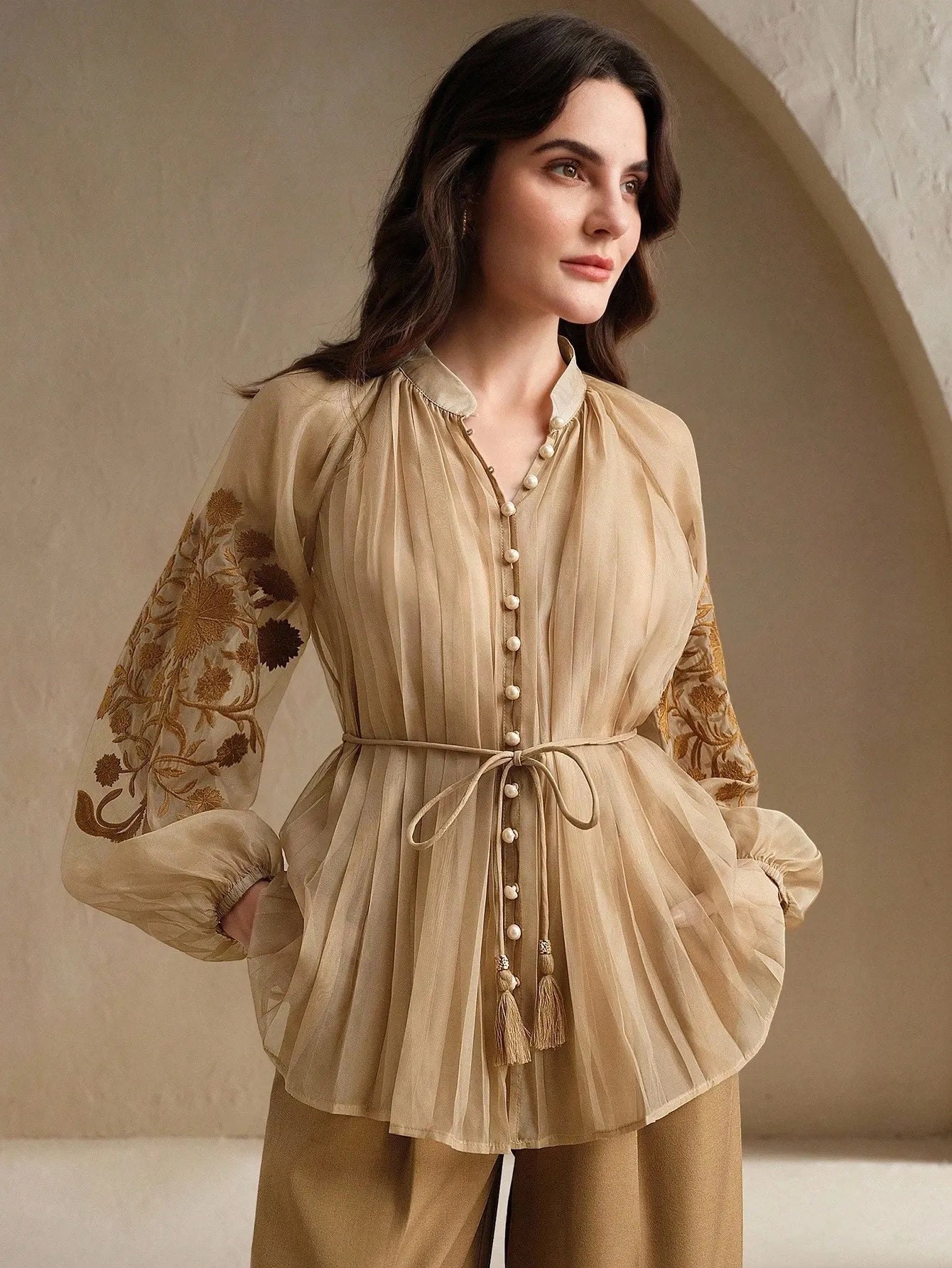 Pleated Embroidered Tie‑Waist Shirt