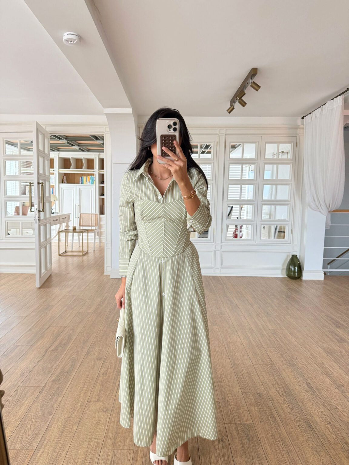 Green Striped Cotton Maxi Shirt Dress