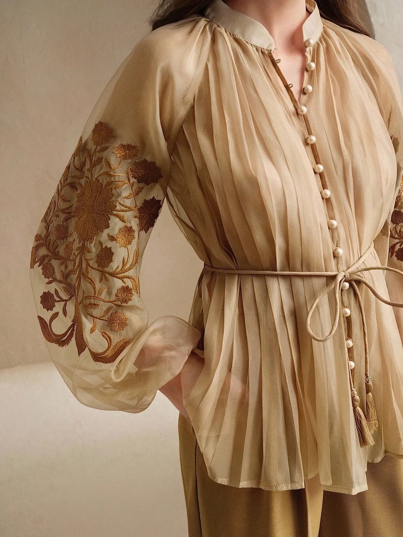 Pleated Embroidered Tie‑Waist Shirt