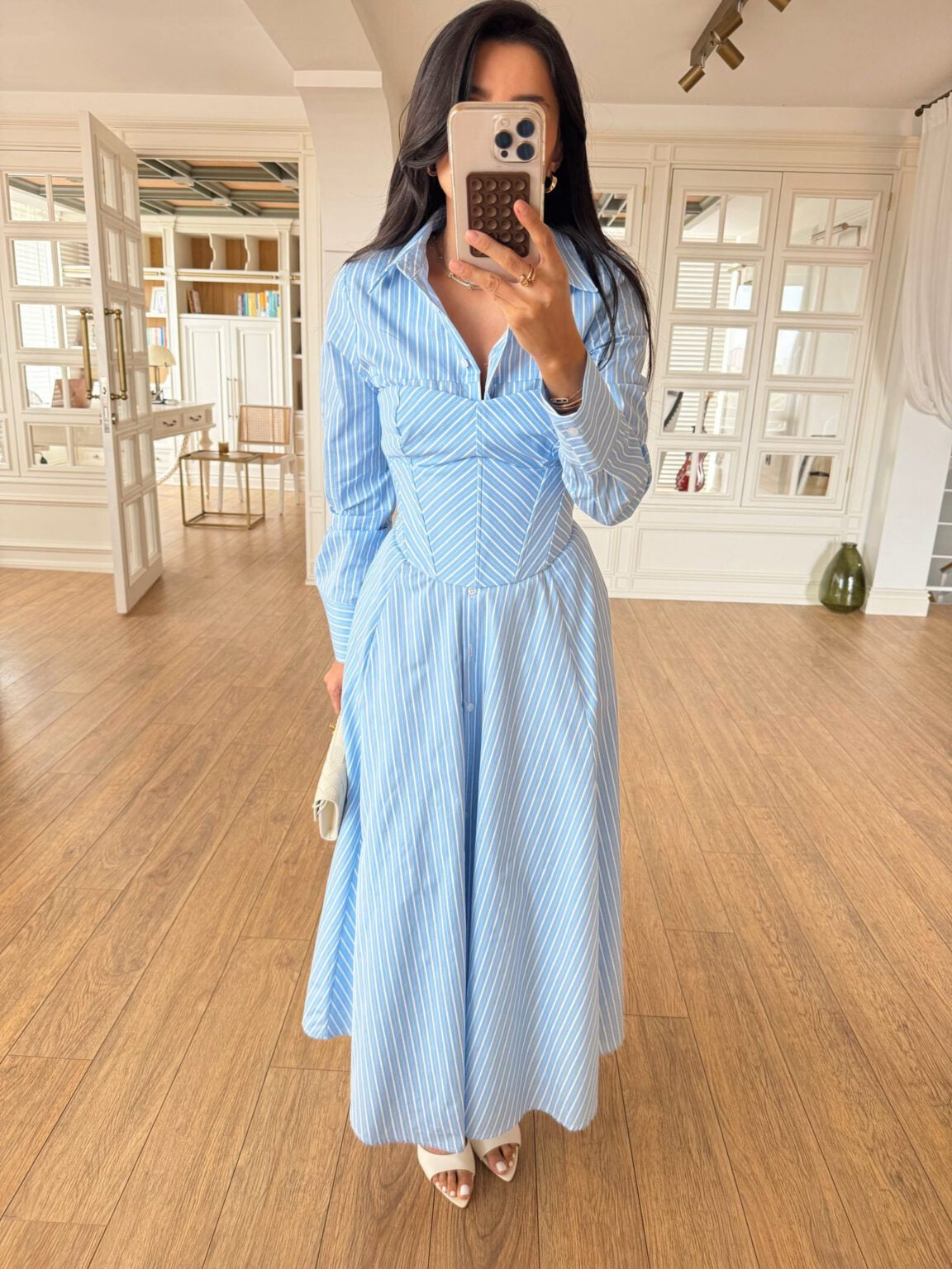 Blue Striped Cotton Maxi Shirt Dress