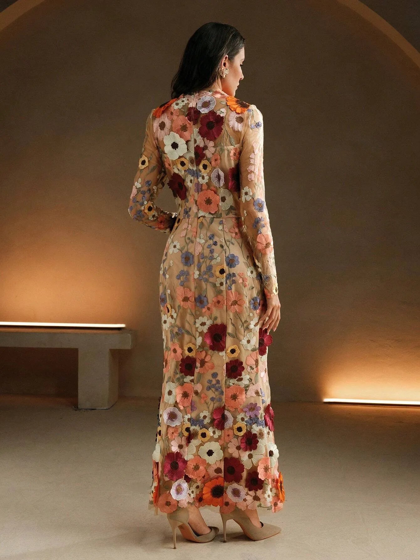 Elegant Mesh Floral Embroidery Maxi Dress