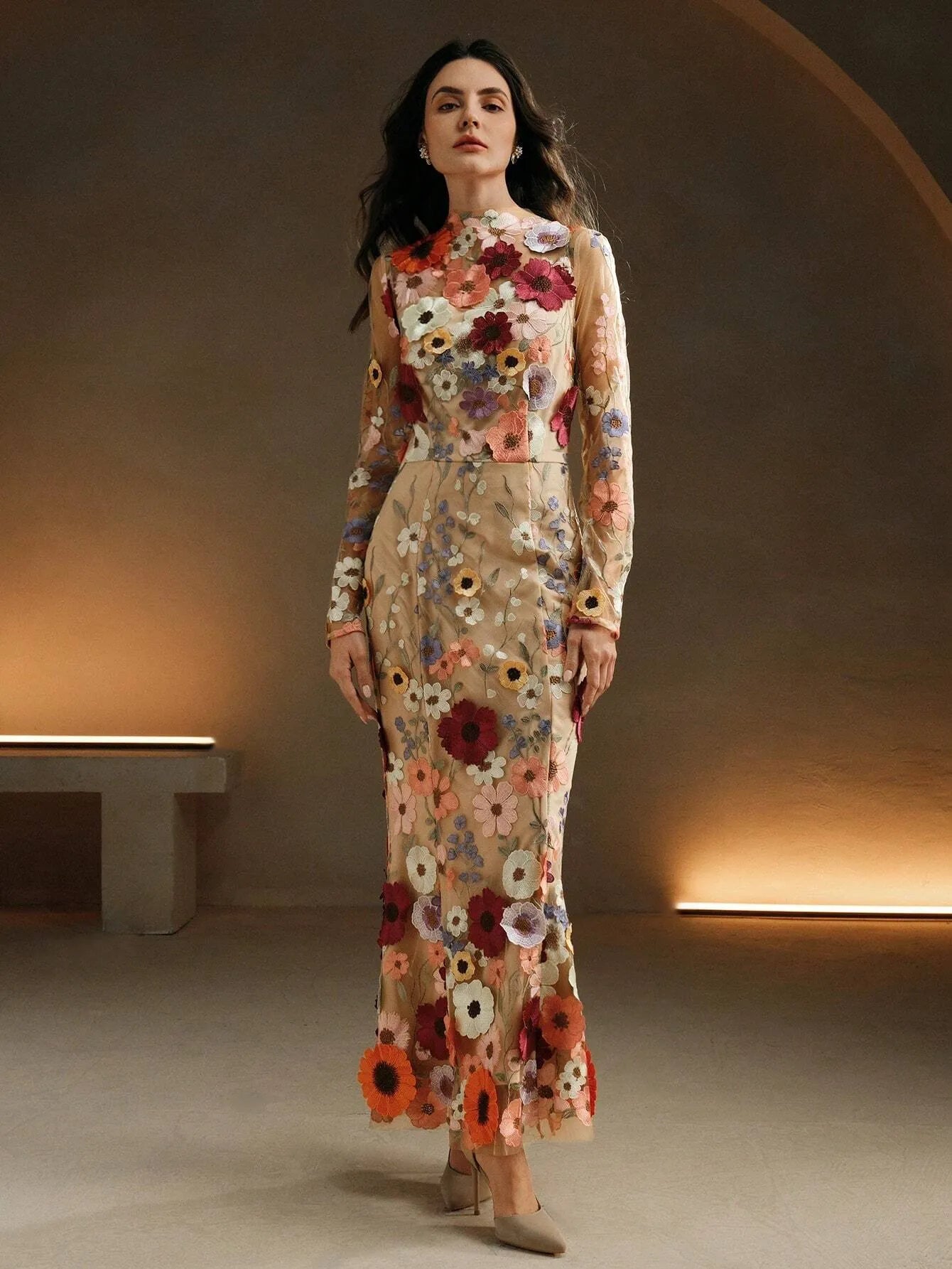 Elegant Mesh Floral Embroidery Maxi Dress
