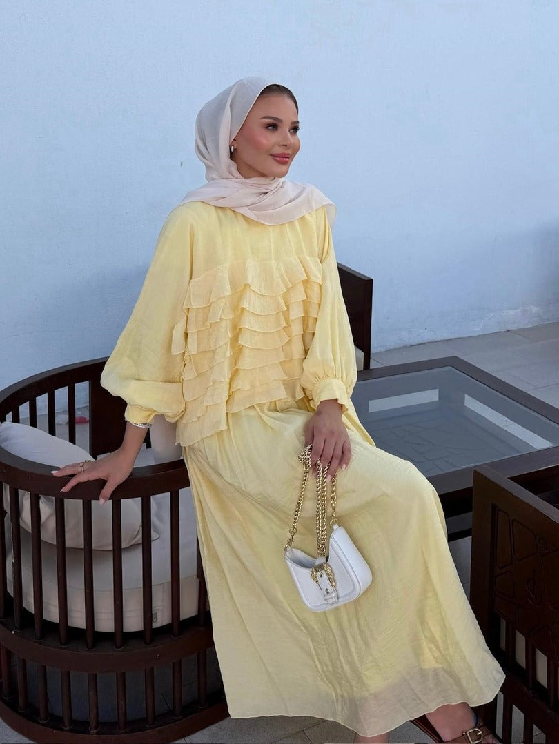 Tiered Ruffle Blouse & Pleated Maxi Skirt Co-ord Set - Yellow