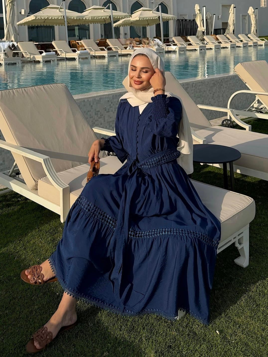 Tiered Boho Lace Trim Co-ord Set with Crochet Waist Belt - Navy