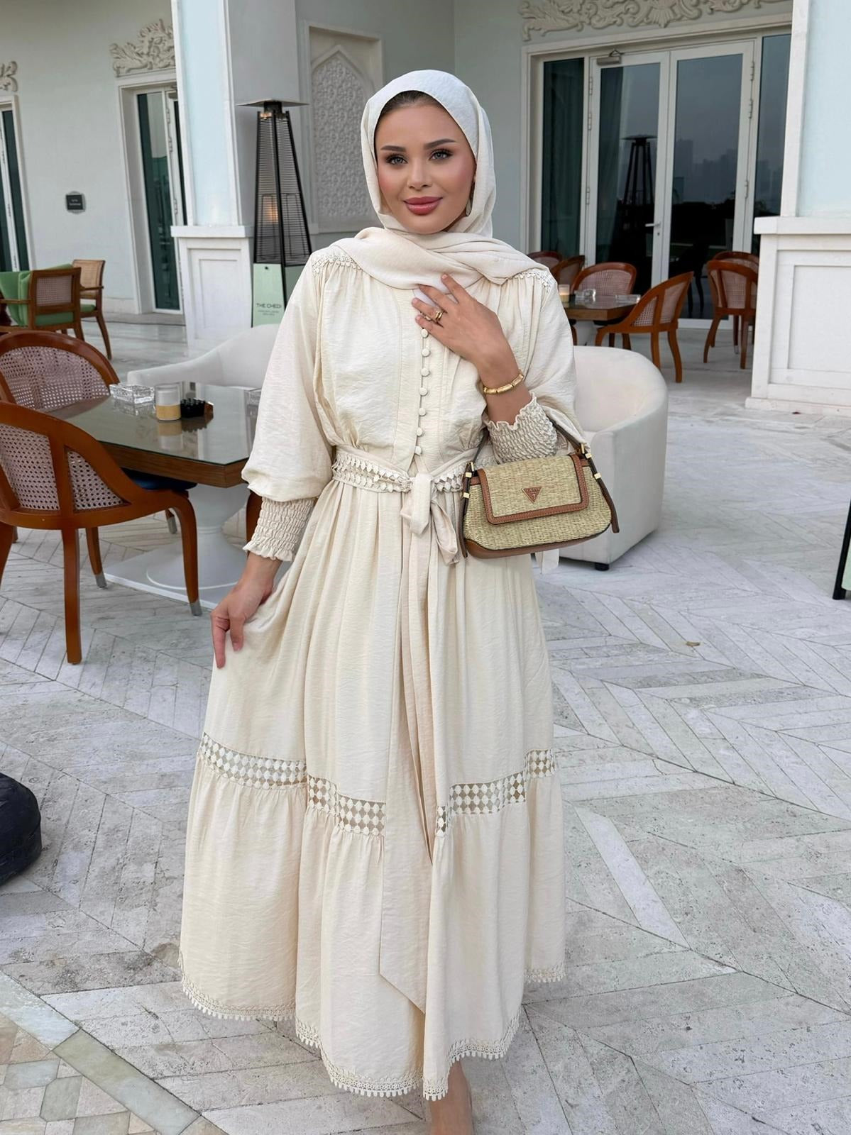 Tiered Boho Lace Trim Co-ord Set with Crochet Waist Belt - Beige