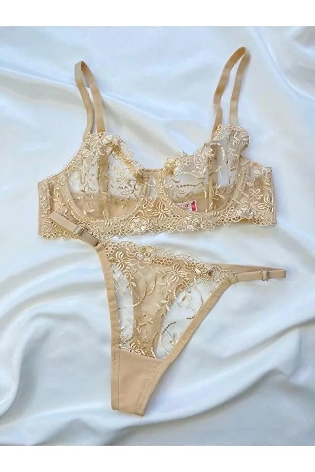 Nude Embroidered Underwire Bra Set - Broderie 2-Piece Lingerie with Thong