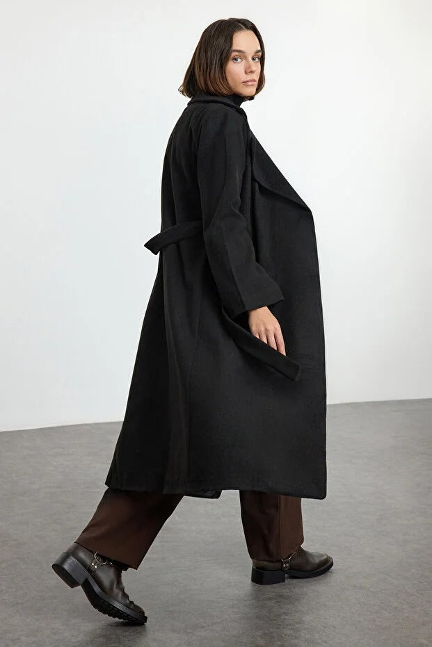 Black Belted Regular Fit Long Wool-Blend Coat
