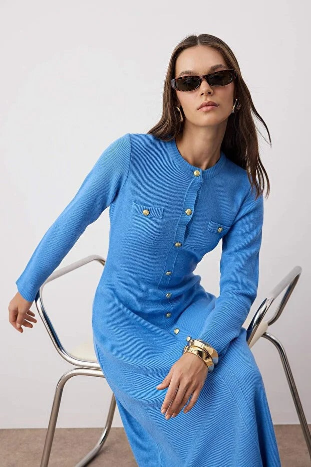 Blue Gold Buttoned Ribbed Knit Dress