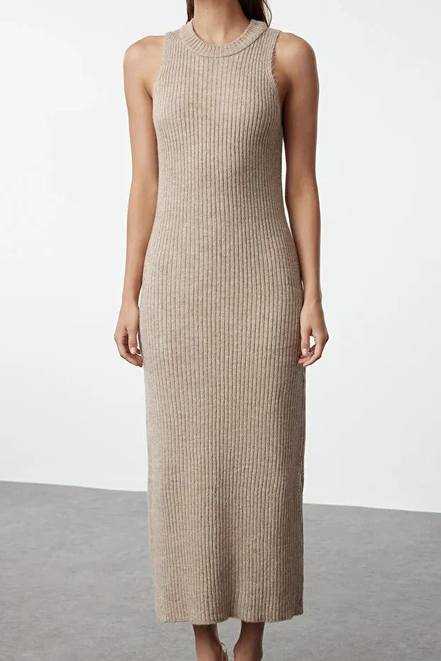 Dark Khaki Ribbed Soft-Knit Dress & Cardigan Set