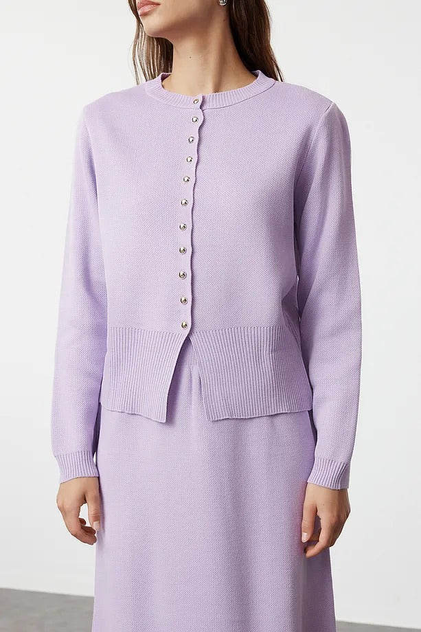 Lilac Button-Front Knit Cardigan & Skirt Set