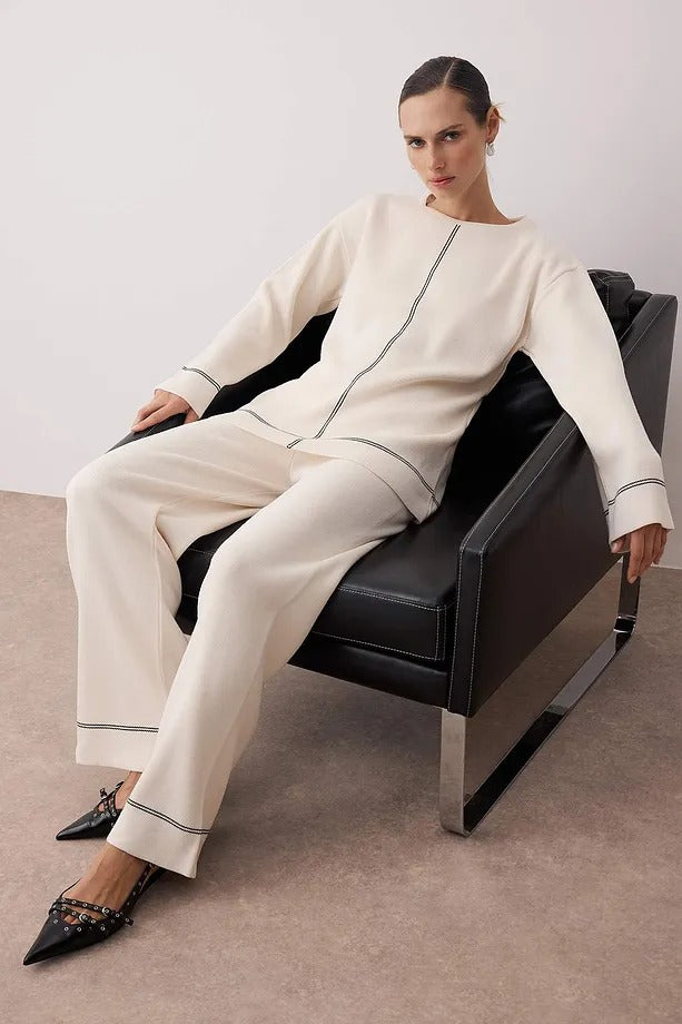 Ecru Knit Top & Pants Set with Stitch Details