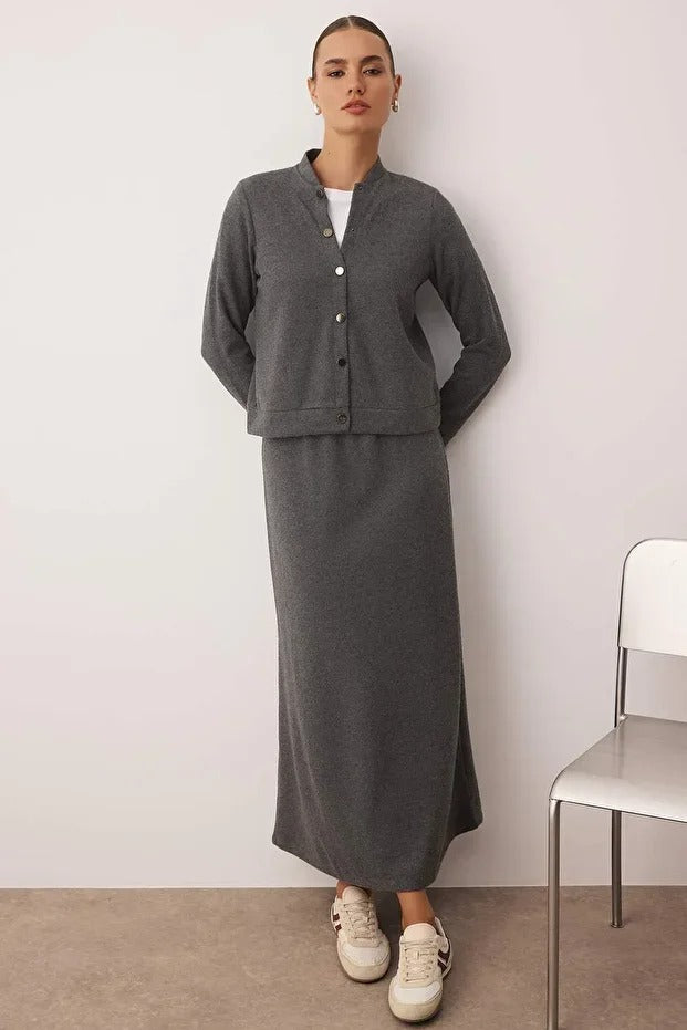 Dark Gray Ribbed Knit Modest Two-Piece Set