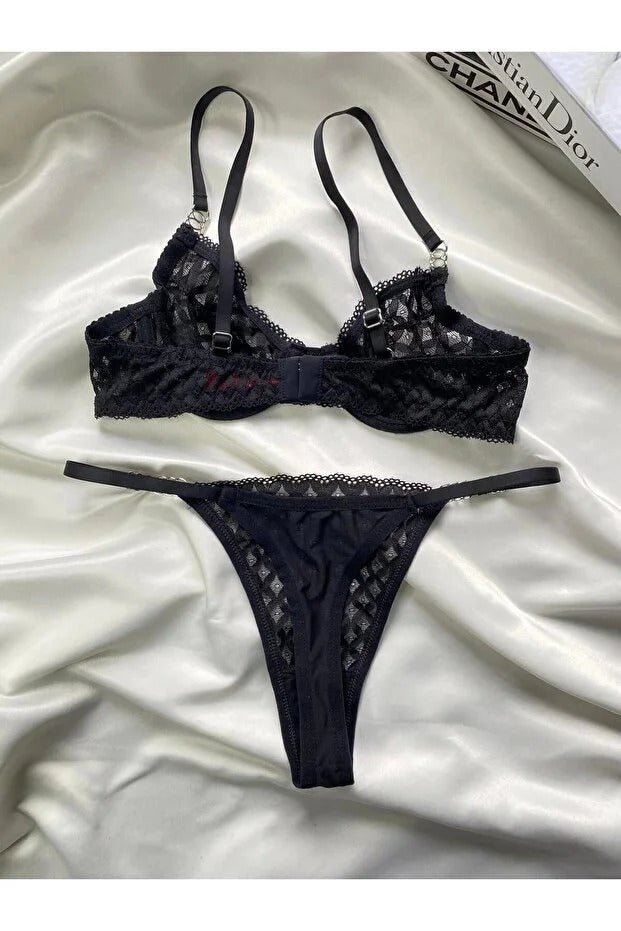 Nude Lace Bralette Set - Embroidered 2-Piece Lingerie with Bonus Thong