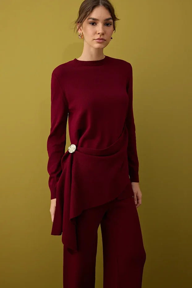 Burgundy Knit Set with Buckle Detail