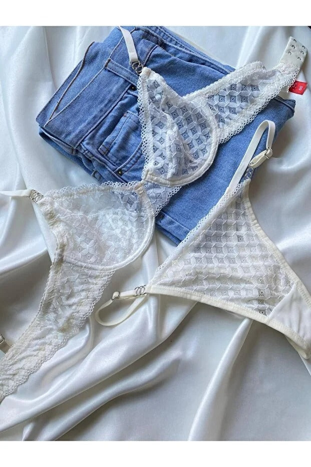 Nude Lace Bralette Set - Embroidered 2-Piece Lingerie with Thong