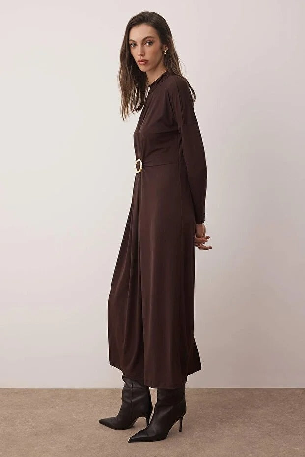 Dark Brown Belted Sandy Knit Dress