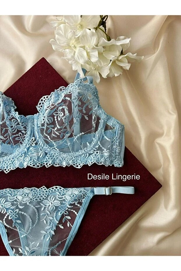 Light Blue Bralette Set - Lace 2-Piece Lingerie with Thong