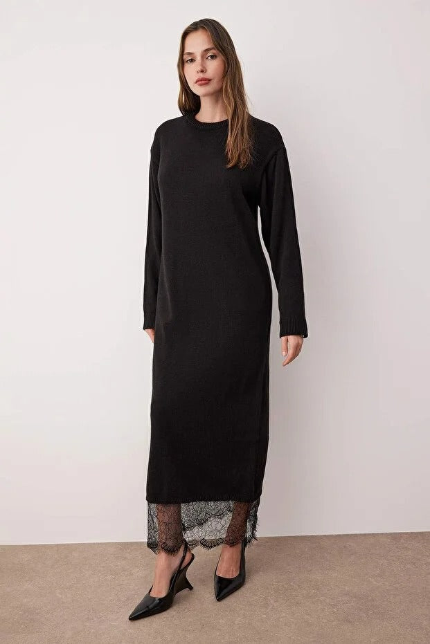 Black Lace-Detail Knit Modest Dress