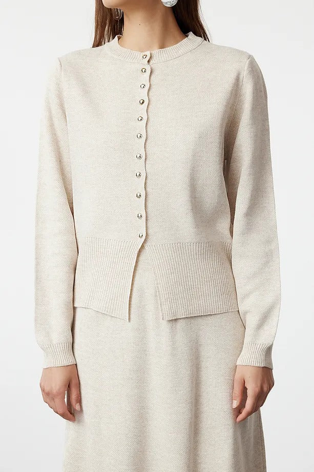 Ecru Button-Front Knit Cardigan & Skirt Set
