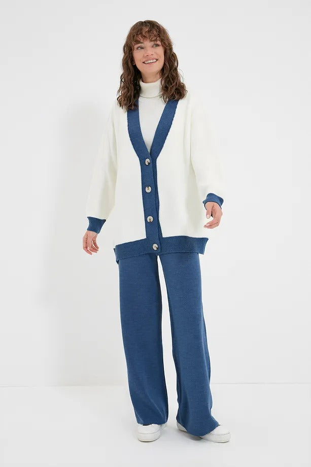 Blue Stripe Detail Knit Cardigan & Pants Set