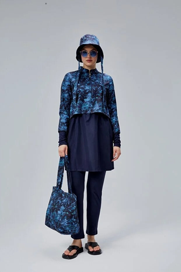Midnight Blue Patterned Full Coverage Burkini - 3 Piece Zip-Up Swimsuit