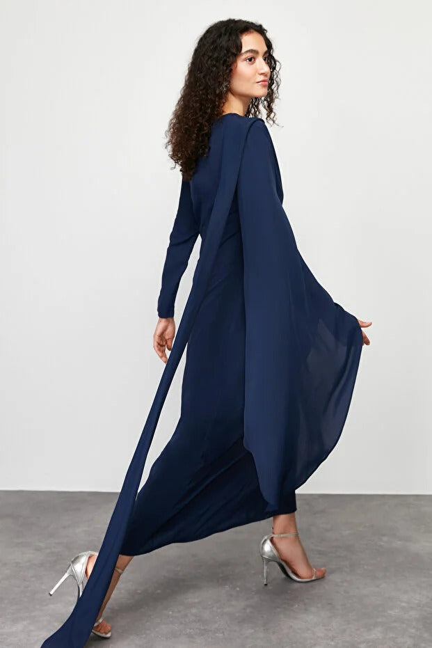 Navy Blue Shawl-Detail Evening Dress