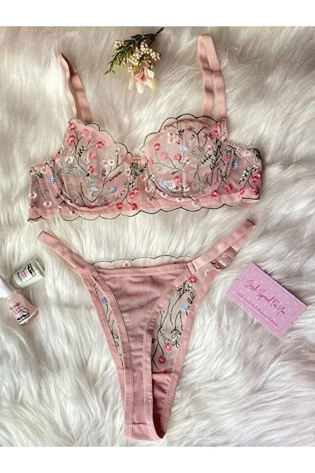 Florya Broderie Lace Bra Set | Underwired Bralette & Thong | Pink