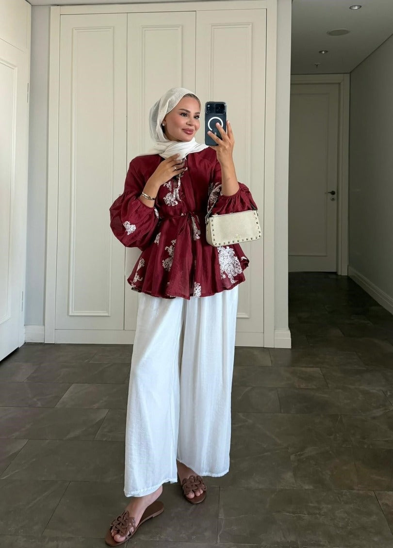 Burgundy Modest Pant Set - Lined Two Piece Tunic Outfit with Pockets