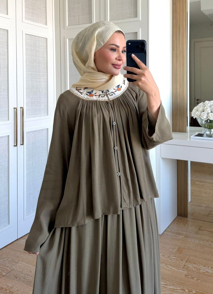 Khaki Intricate Embroidered Slub Linen Skirt & Blouse Co-ord Set