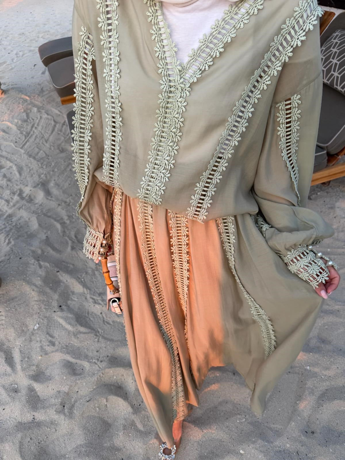 Lace Trim V-Neck Oversized Top & Flared Maxi Skirt Co-ord Set - Green