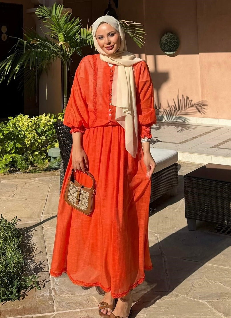 Button-Front Lace-Trim Blouse & Maxi Skirt Co-ord Set - Orange