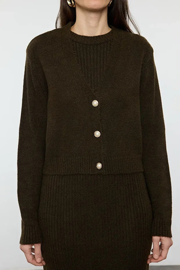 Dark Khaki Ribbed Soft-Knit Dress & Cardigan Set
